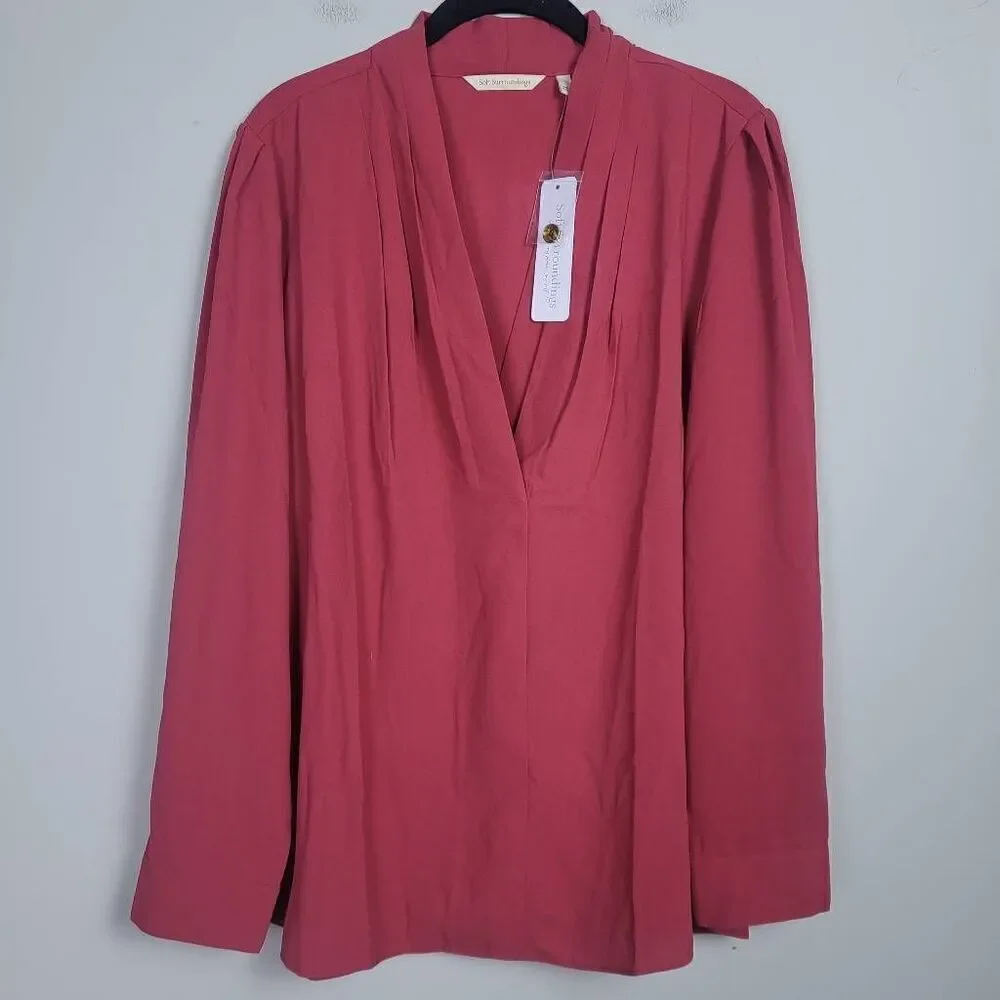 Soft Surroundings Womens Large Akira Blouse Garnet Pleated Long Sleeve NWT